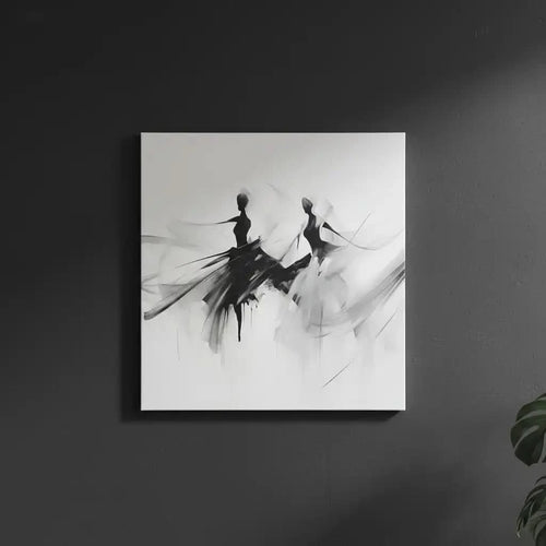 Silhouettes dansantes en noir et gris sur fond blanc, ambiance élégante et mystérieuse pour salon ou bureau moderne.
