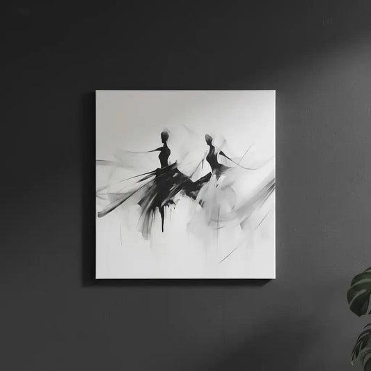 Silhouettes dansantes en noir et gris sur fond blanc, ambiance élégante et mystérieuse pour salon ou bureau moderne.