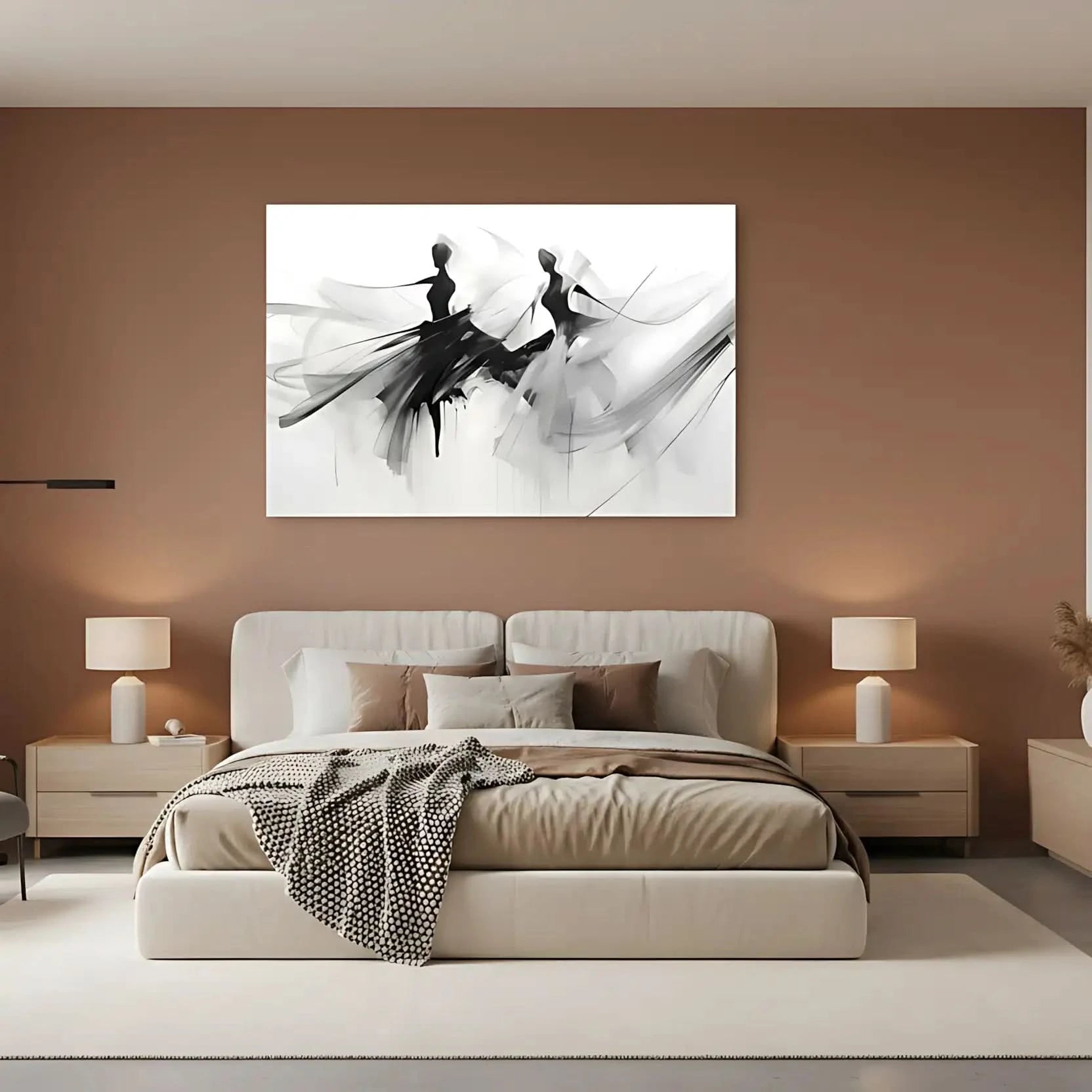 Silhouettes dansantes en noir et gris sur fond blanc, ambiance élégante et mystérieuse pour salon ou bureau moderne.