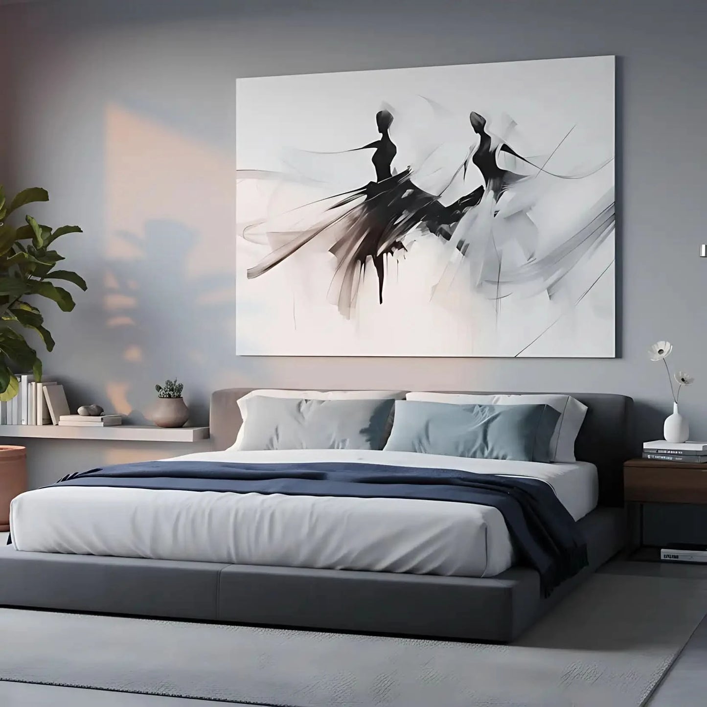 Silhouettes dansantes en noir et gris sur fond blanc, ambiance élégante et mystérieuse pour salon ou bureau moderne.