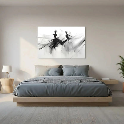 Silhouettes dansantes en noir et gris sur fond blanc, ambiance élégante et mystérieuse pour salon ou bureau moderne.