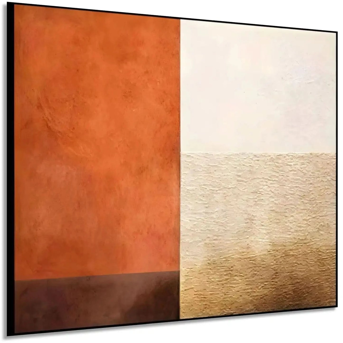 Œuvre minimaliste avec contraste orange terreux et beige texturé, ambiance chaleureuse pour salon ou bureau.