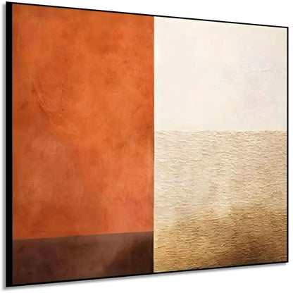 Œuvre minimaliste avec contraste orange terreux et beige texturé, ambiance chaleureuse pour salon ou bureau.