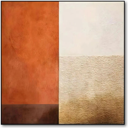 Œuvre minimaliste avec contraste orange terreux et beige texturé, ambiance chaleureuse pour salon ou bureau.