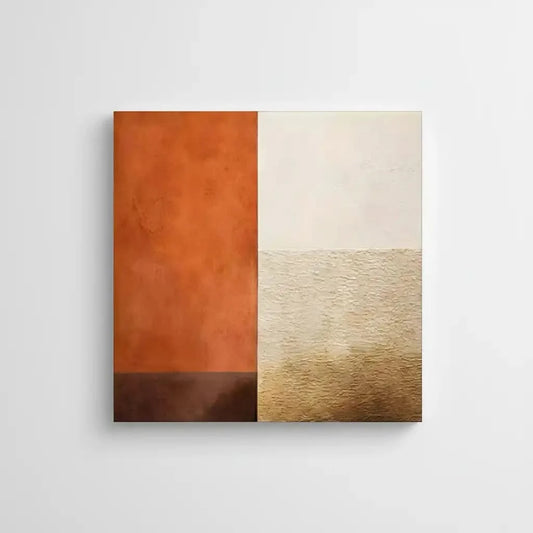 Oeuvre minimaliste avec contraste orange terreux et beige texturé, ambiance chaleureuse pour salon ou bureau.
