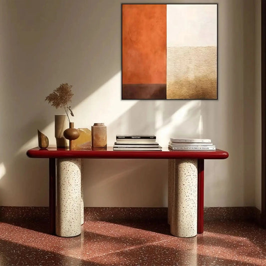 Œuvre minimaliste avec contraste orange terreux et beige texturé, ambiance chaleureuse pour salon ou bureau.