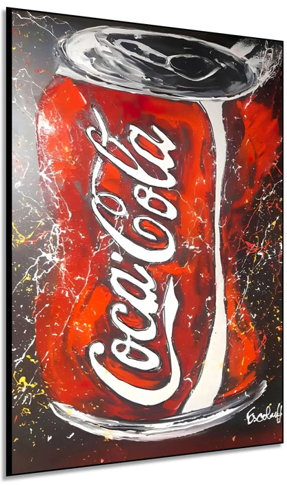 Tableau pop art avec canette rouge vif, touches blanches et noires, ambiance ludique pour salon moderne ou cuisine.