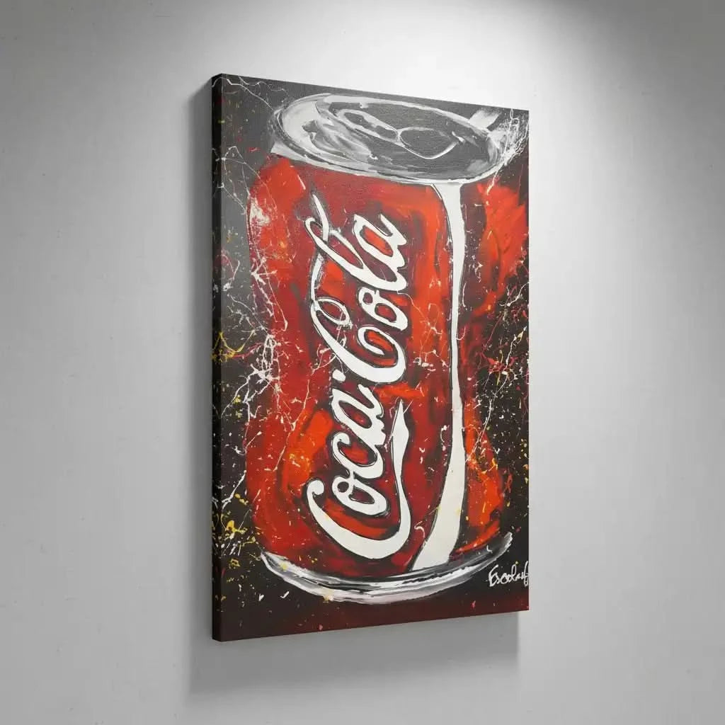 Tableau pop art avec canette rouge vif, touches blanches et noires, ambiance ludique pour salon moderne ou cuisine.