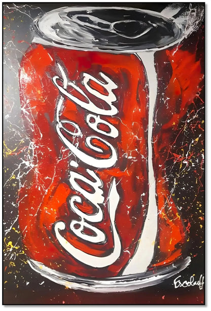 Tableau pop art avec canette rouge vif, touches blanches et noires, ambiance ludique pour salon moderne ou cuisine.