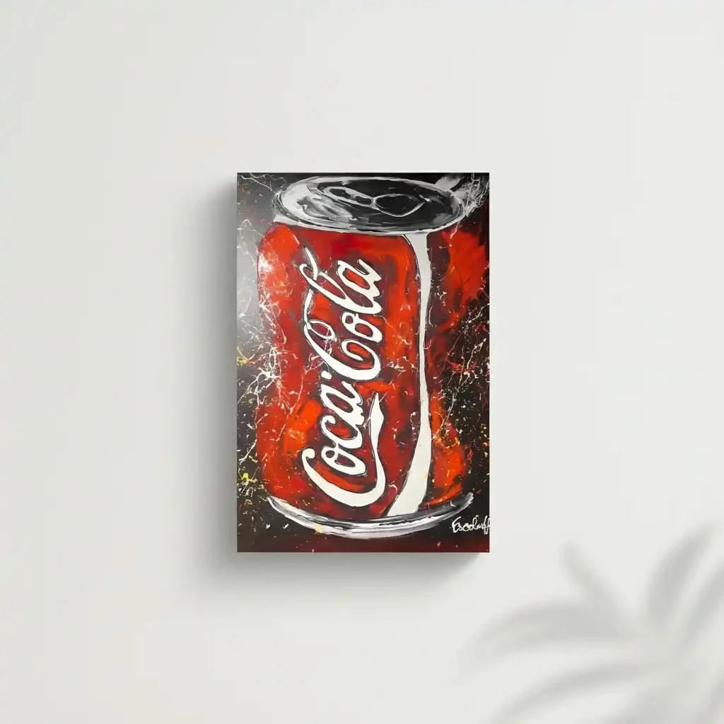 Tableau pop art avec canette rouge vif, touches blanches et noires, ambiance ludique pour salon moderne ou cuisine.