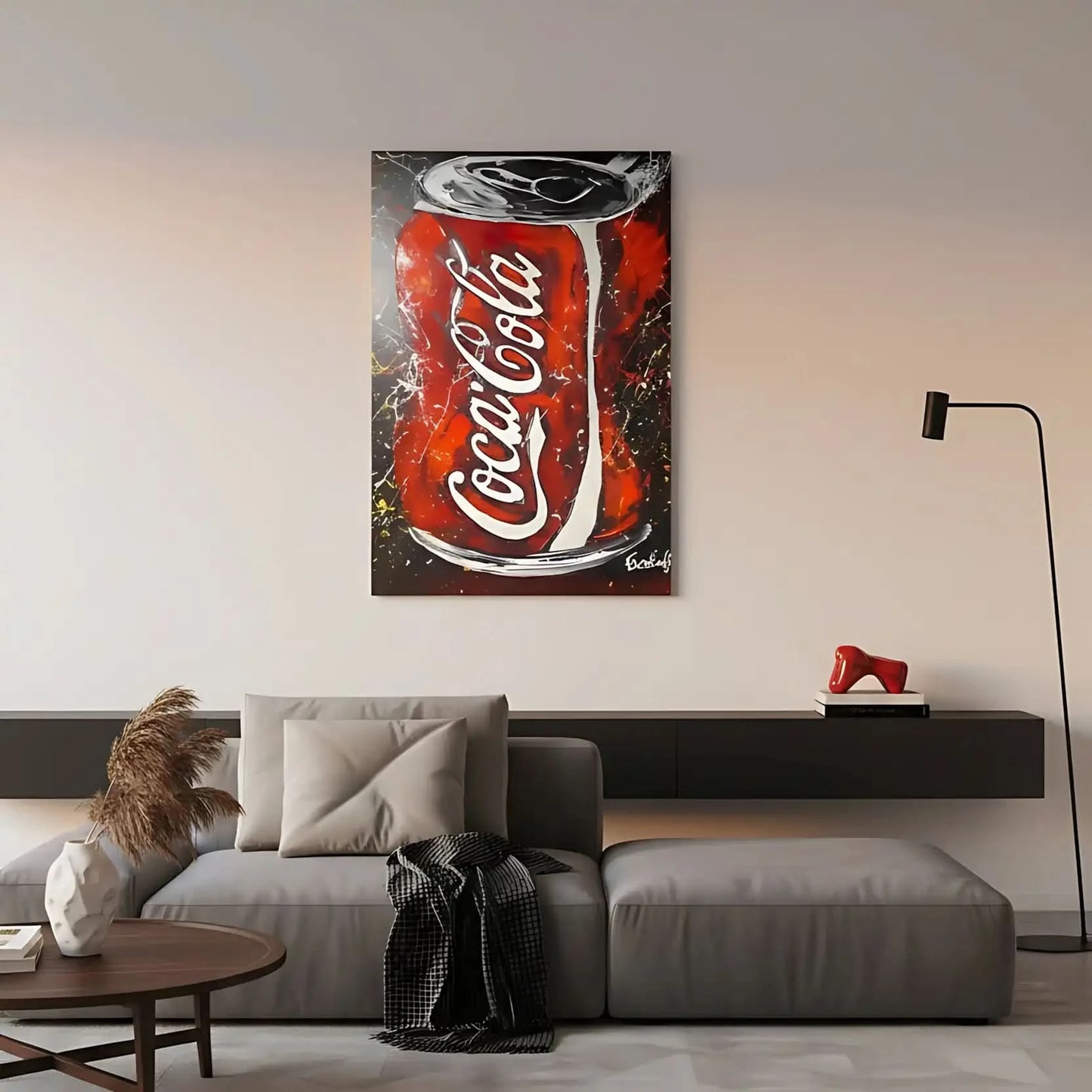 Tableau pop art avec canette rouge vif, touches blanches et noires, ambiance ludique pour salon moderne ou cuisine.