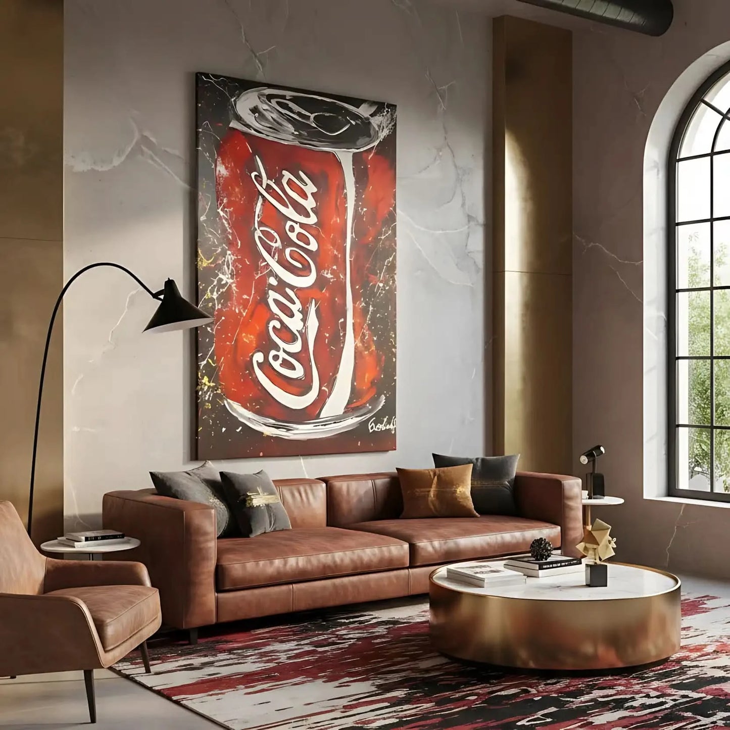 Tableau pop art avec canette rouge vif, touches blanches et noires, ambiance ludique pour salon moderne ou cuisine.