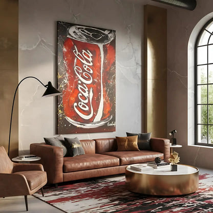 Tableau pop art avec canette rouge vif, touches blanches et noires, ambiance ludique pour salon moderne ou cuisine.