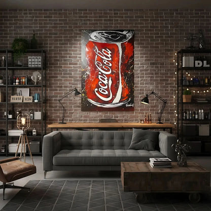 Tableau pop art avec canette rouge vif, touches blanches et noires, ambiance ludique pour salon moderne ou cuisine.