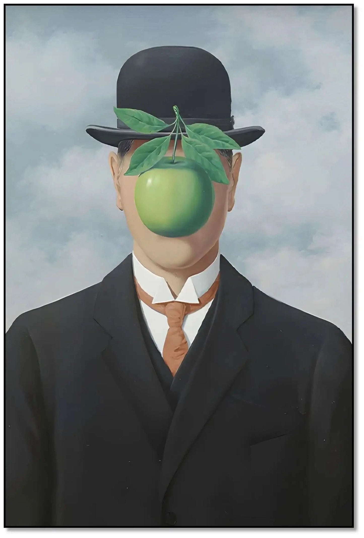 Homme en costume avec visage caché par une pomme verte, ambiance surréaliste et mystérieuse, idéal pour bureau moderne.