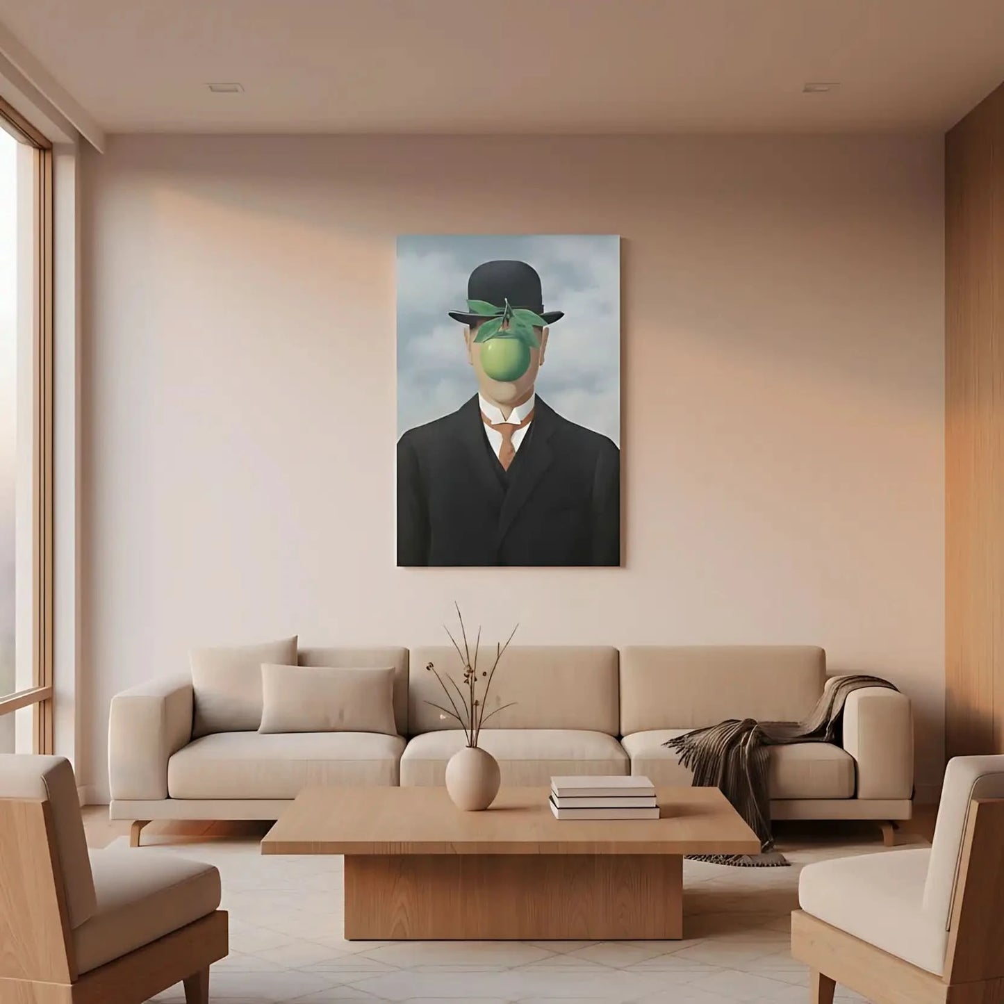 Homme en costume avec visage caché par une pomme verte, ambiance surréaliste et mystérieuse, idéal pour bureau moderne.