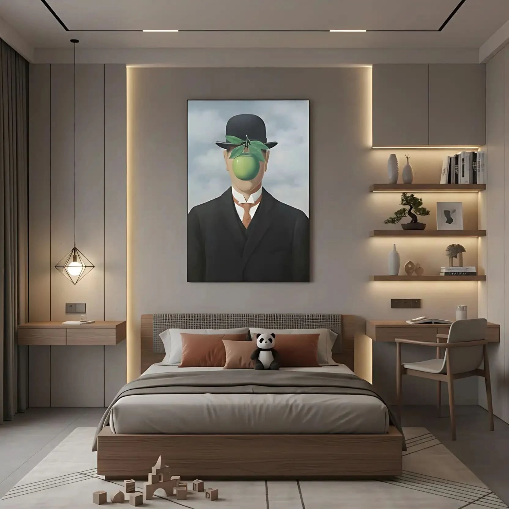 Homme en costume avec visage caché par une pomme verte, ambiance surréaliste et mystérieuse, idéal pour bureau moderne.