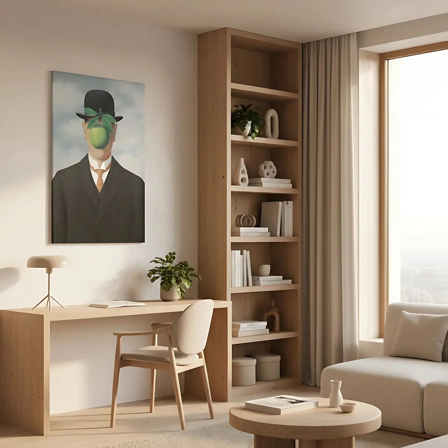 Homme en costume avec visage caché par une pomme verte, ambiance surréaliste et mystérieuse, idéal pour bureau moderne.