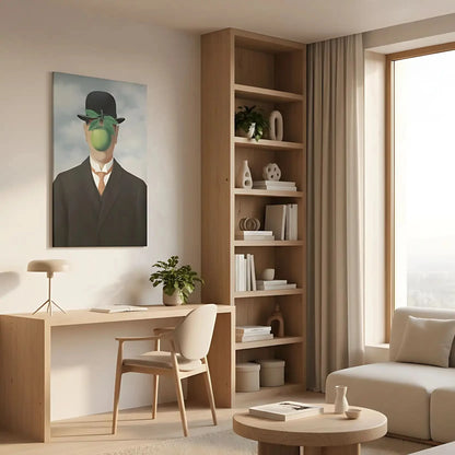 Homme en costume avec visage caché par une pomme verte, ambiance surréaliste et mystérieuse, idéal pour bureau moderne.