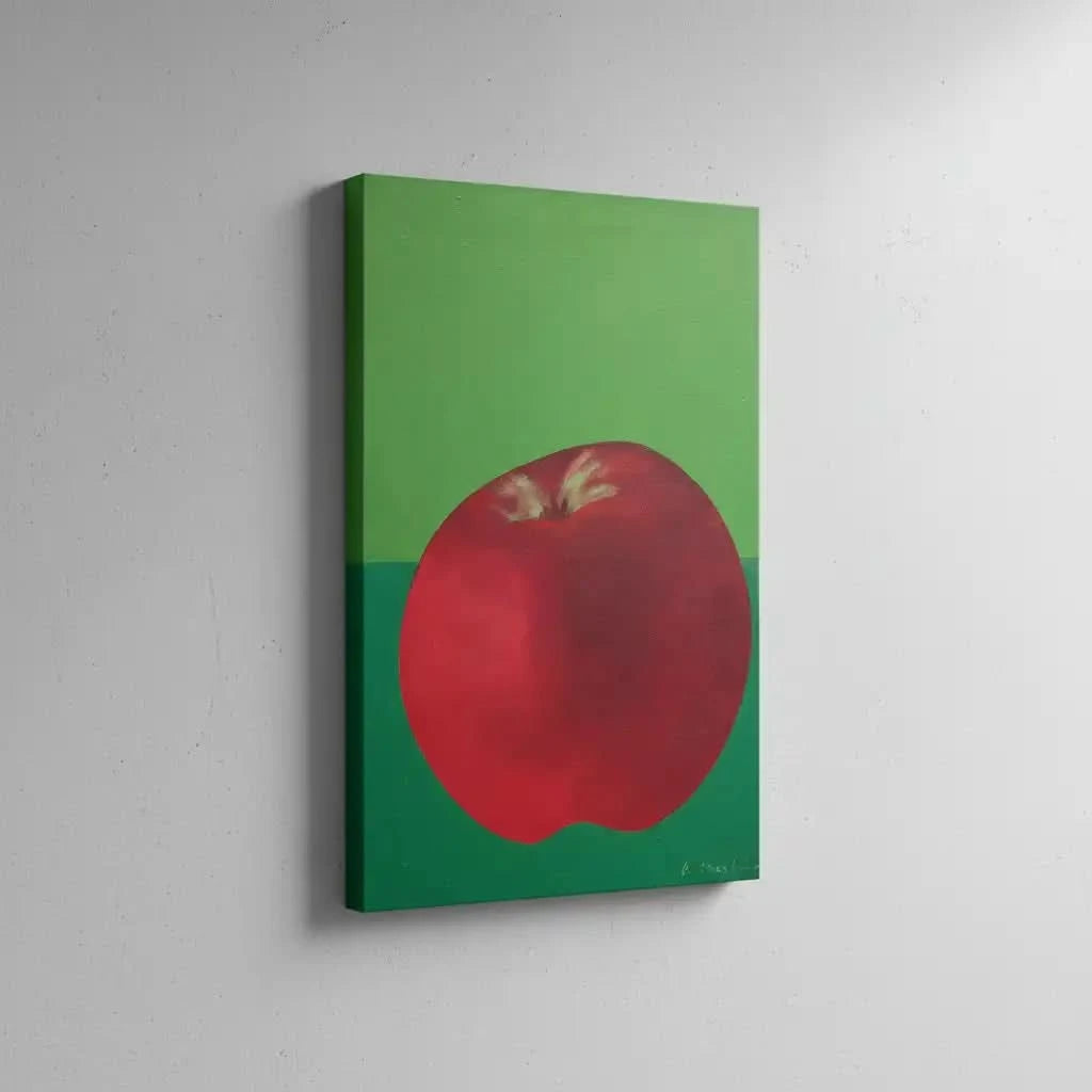 Peinture de nature morte avec une pomme rouge éclatante sur fond vert, contraste vibrant, idéale pour cuisine moderne.