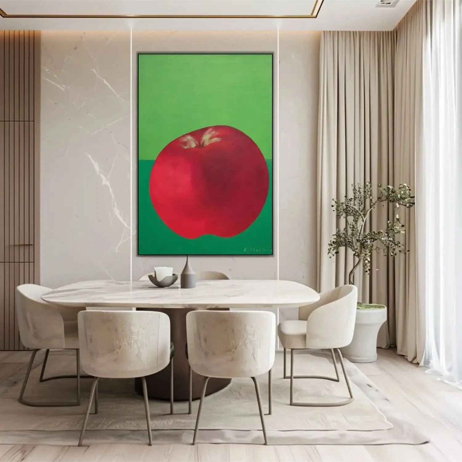 Peinture de nature morte avec une pomme rouge éclatante sur fond vert, contraste vibrant, idéale pour cuisine moderne.