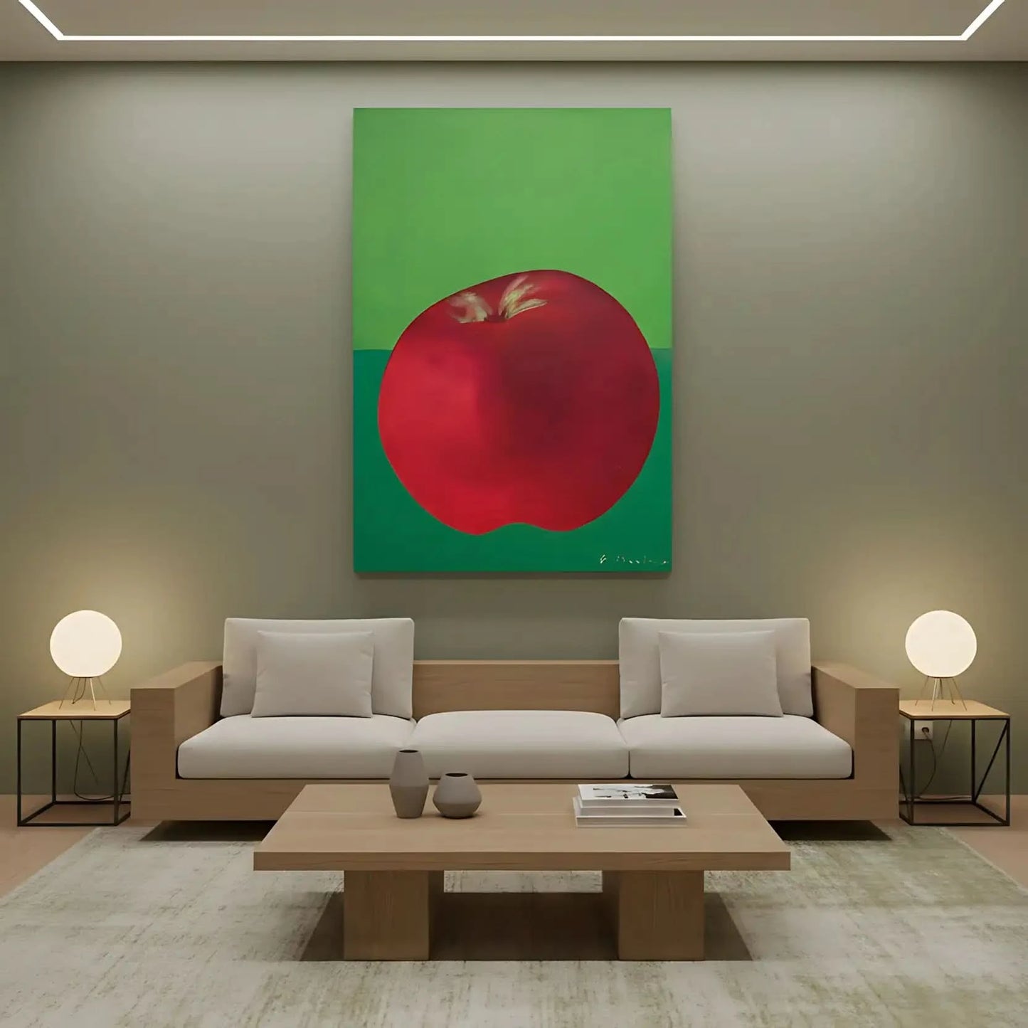 Peinture de nature morte avec une pomme rouge éclatante sur fond vert, contraste vibrant, idéale pour cuisine moderne.
