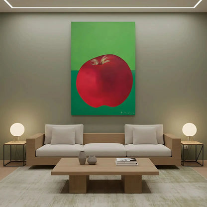 Peinture de nature morte avec une pomme rouge éclatante sur fond vert, contraste vibrant, idéale pour cuisine moderne.