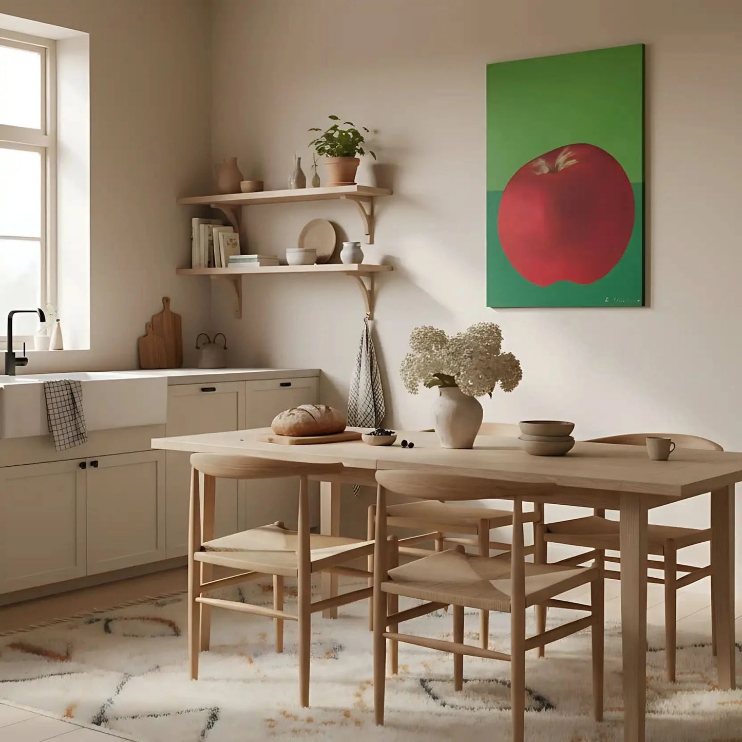 Peinture de nature morte avec une pomme rouge éclatante sur fond vert, contraste vibrant, idéale pour cuisine moderne.