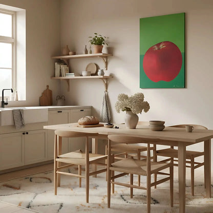Peinture de nature morte avec une pomme rouge éclatante sur fond vert, contraste vibrant, idéale pour cuisine moderne.