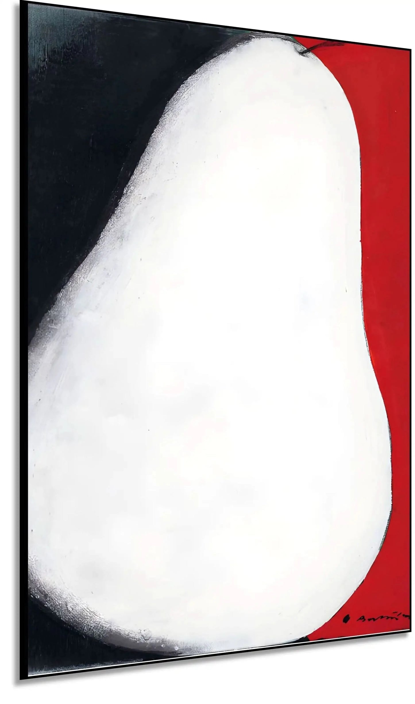 Tableau abstrait avec forme blanche, contrastes noir profond et rouge vibrant, ambiance mystérieuse pour salon moderne.