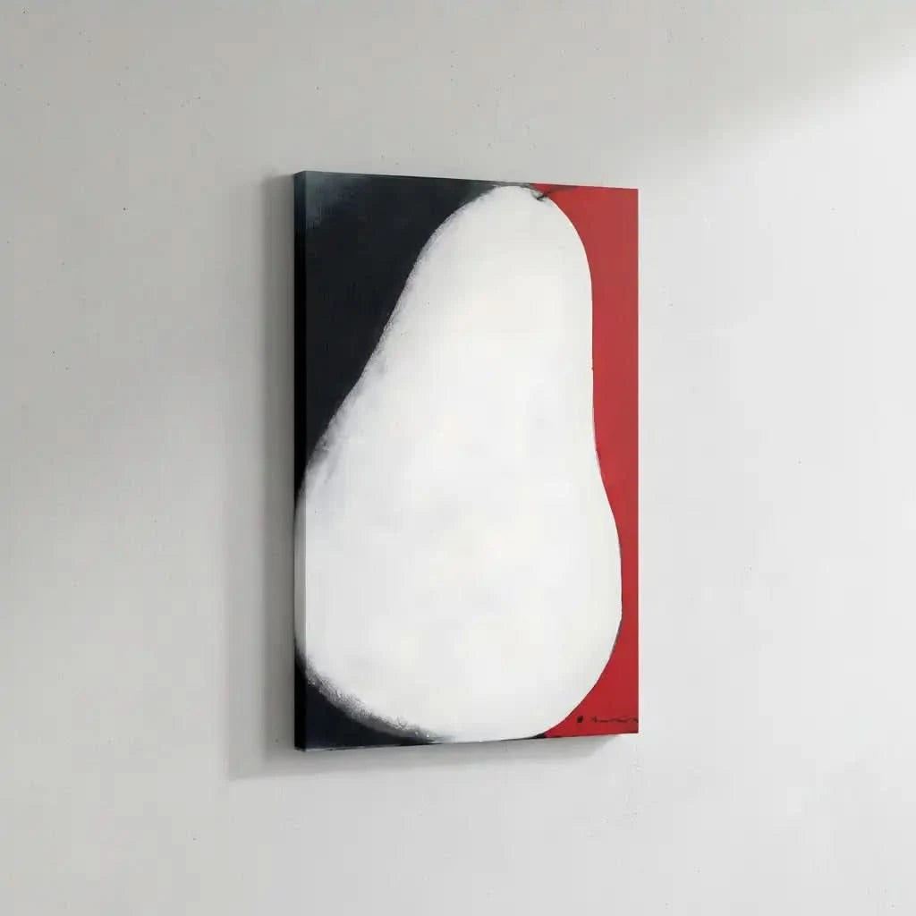 Tableau abstrait avec forme blanche, contrastes noir profond et rouge vibrant, ambiance mystérieuse pour salon moderne.
