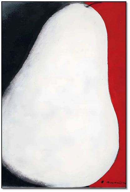 Tableau abstrait avec forme blanche, contrastes noir profond et rouge vibrant, ambiance mystérieuse pour salon moderne.