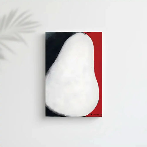 Tableau abstrait avec forme blanche, contrastes noir profond et rouge vibrant, ambiance mystérieuse pour salon moderne.