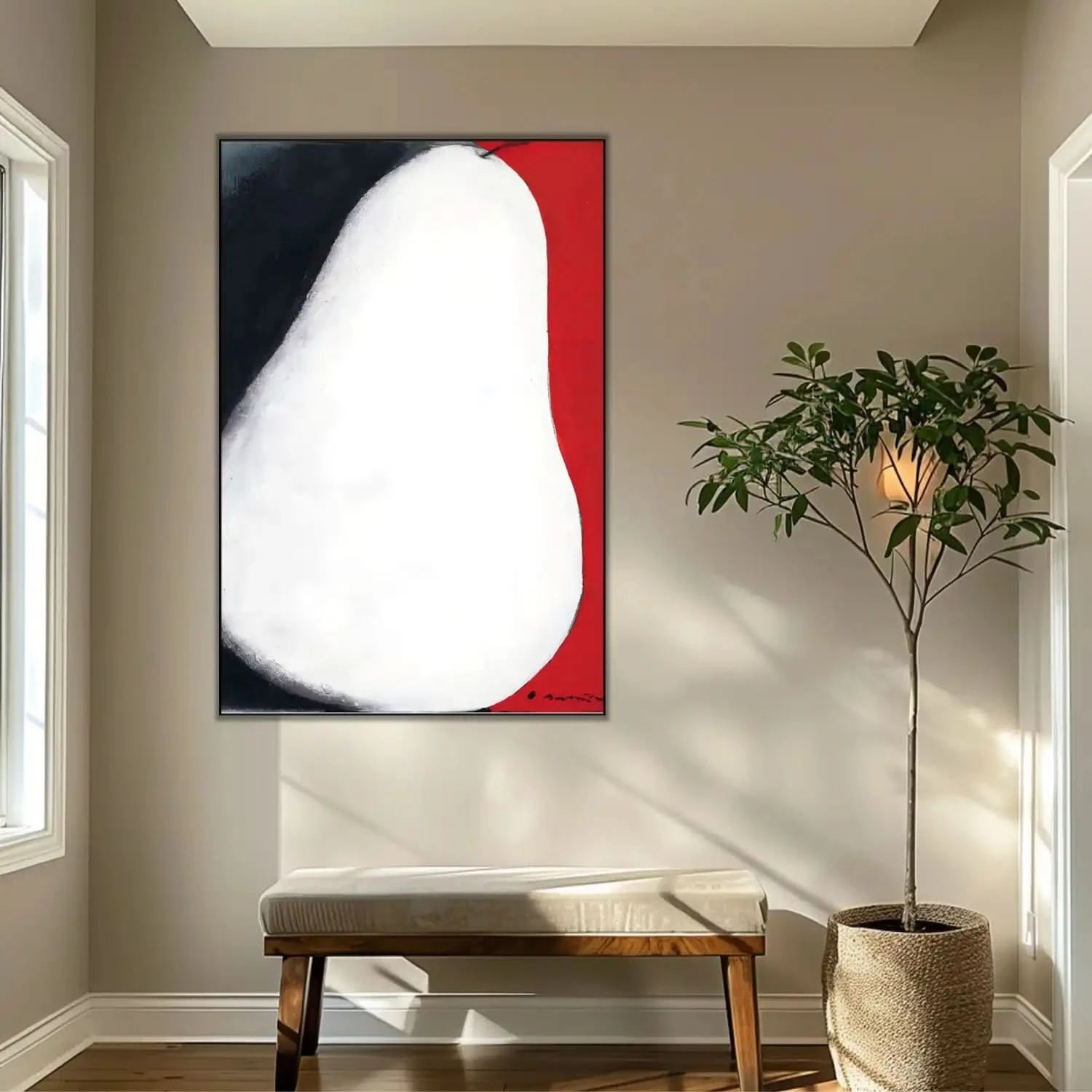 Tableau abstrait avec forme blanche, contrastes noir profond et rouge vibrant, ambiance mystérieuse pour salon moderne.