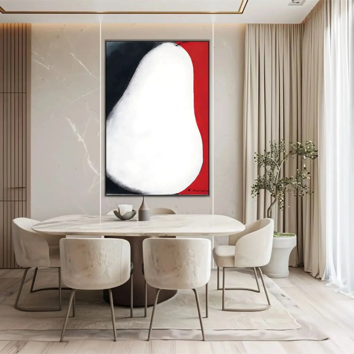 Tableau abstrait avec forme blanche, contrastes noir profond et rouge vibrant, ambiance mystérieuse pour salon moderne.