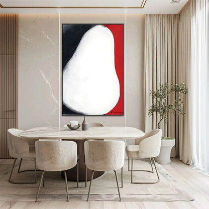 Tableau abstrait avec forme blanche, contrastes noir profond et rouge vibrant, ambiance mystérieuse pour salon moderne.