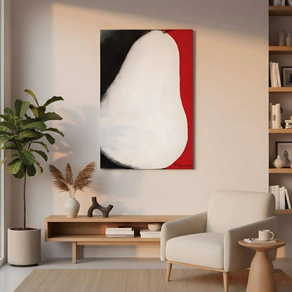 Tableau abstrait avec forme blanche, contrastes noir profond et rouge vibrant, ambiance mystérieuse pour salon moderne.