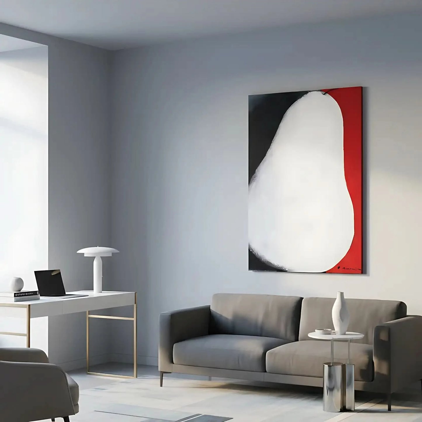 Tableau abstrait avec forme blanche, contrastes noir profond et rouge vibrant, ambiance mystérieuse pour salon moderne.