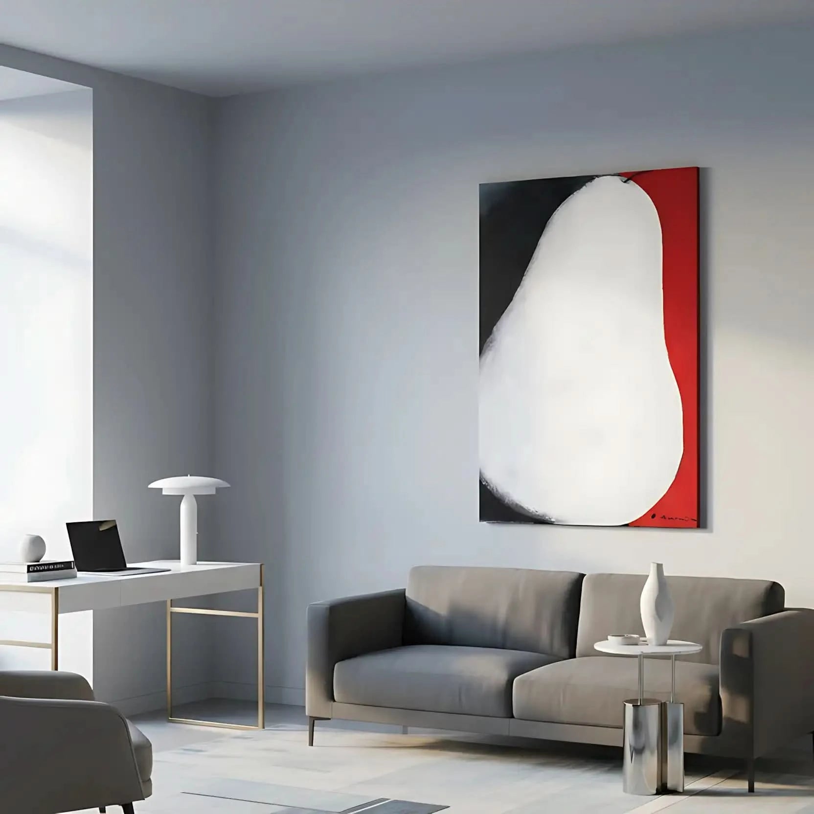 Tableau abstrait avec forme blanche, contrastes noir profond et rouge vibrant, ambiance mystérieuse pour salon moderne.