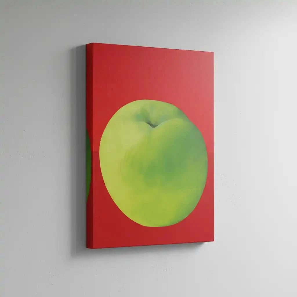 Tableau moderne avec une pomme verte vibrante sur fond rouge profond, style minimaliste, idéal pour cuisine ou salon contempo