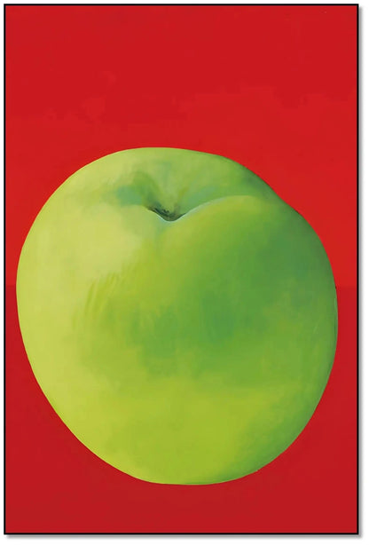 Tableau moderne avec une pomme verte vibrante sur fond rouge profond, style minimaliste, idéal pour cuisine ou salon contempo