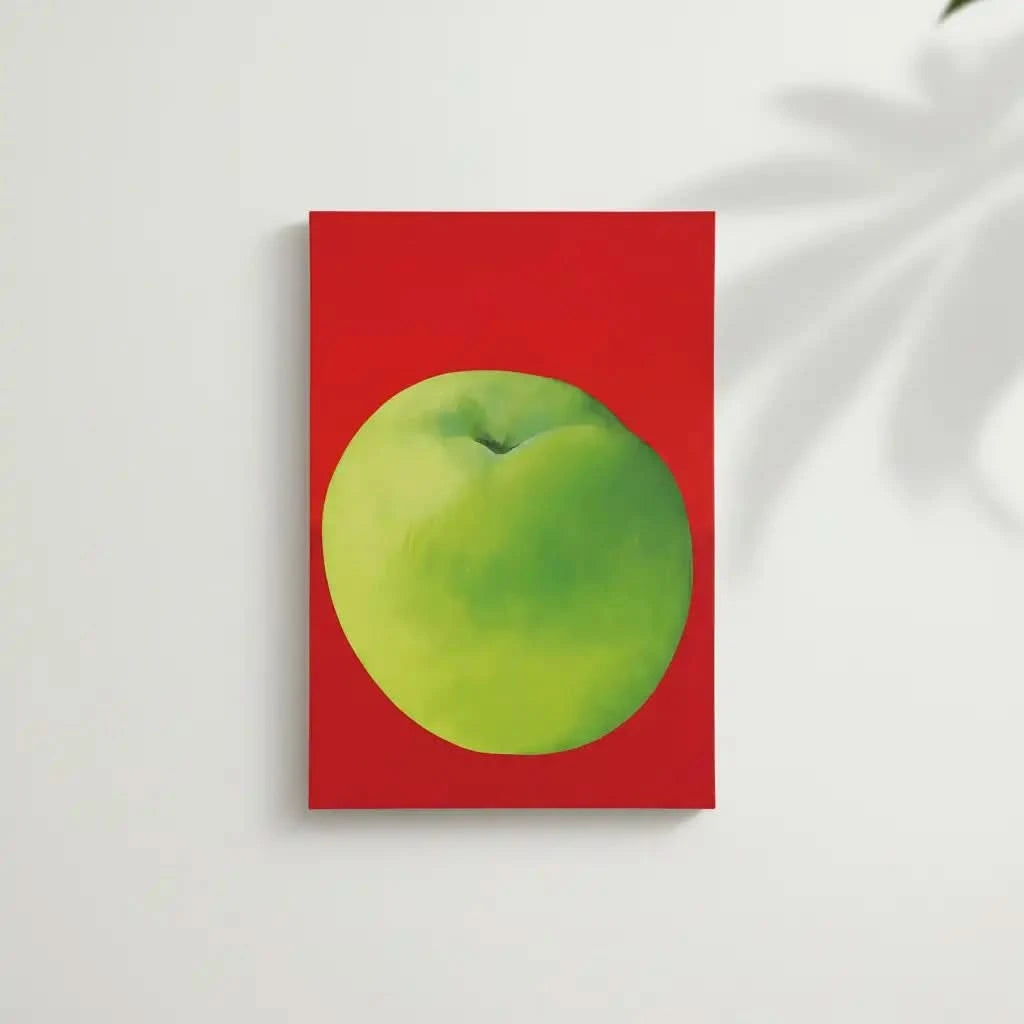 Tableau moderne avec une pomme verte vibrante sur fond rouge profond, style minimaliste, idéal pour cuisine ou salon contempo