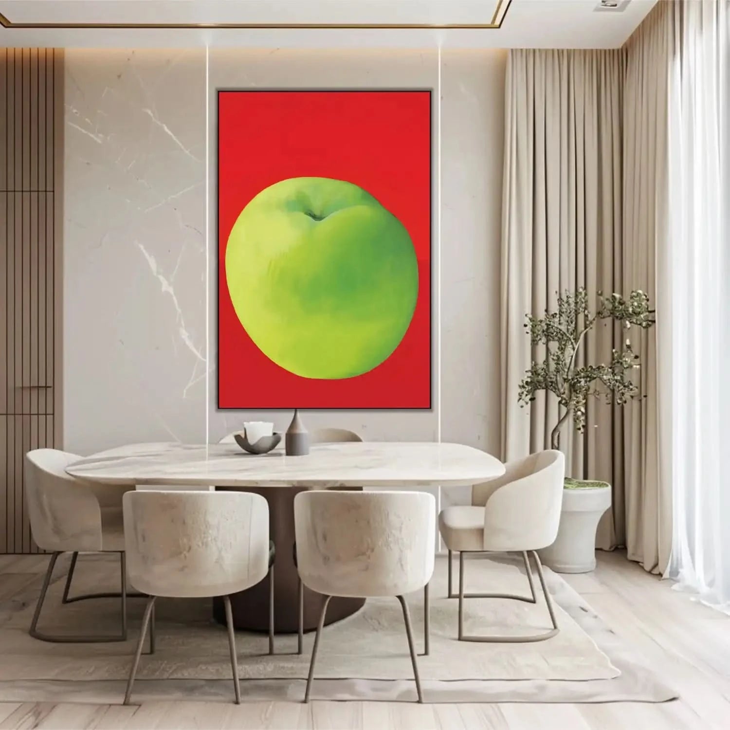 Tableau moderne avec une pomme verte vibrante sur fond rouge profond, style minimaliste, idéal pour cuisine ou salon contempo