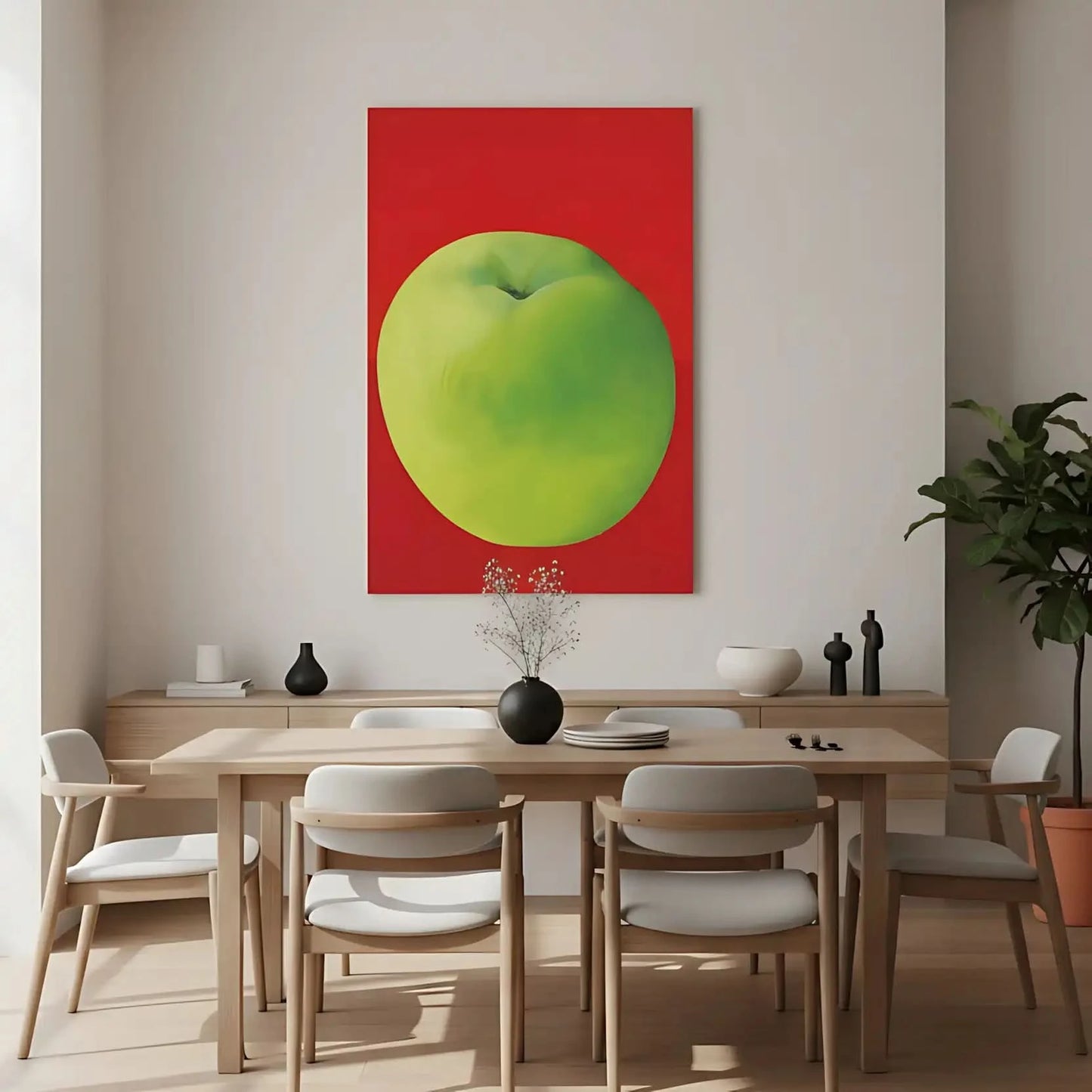 Tableau moderne avec une pomme verte vibrante sur fond rouge profond, style minimaliste, idéal pour cuisine ou salon contempo
