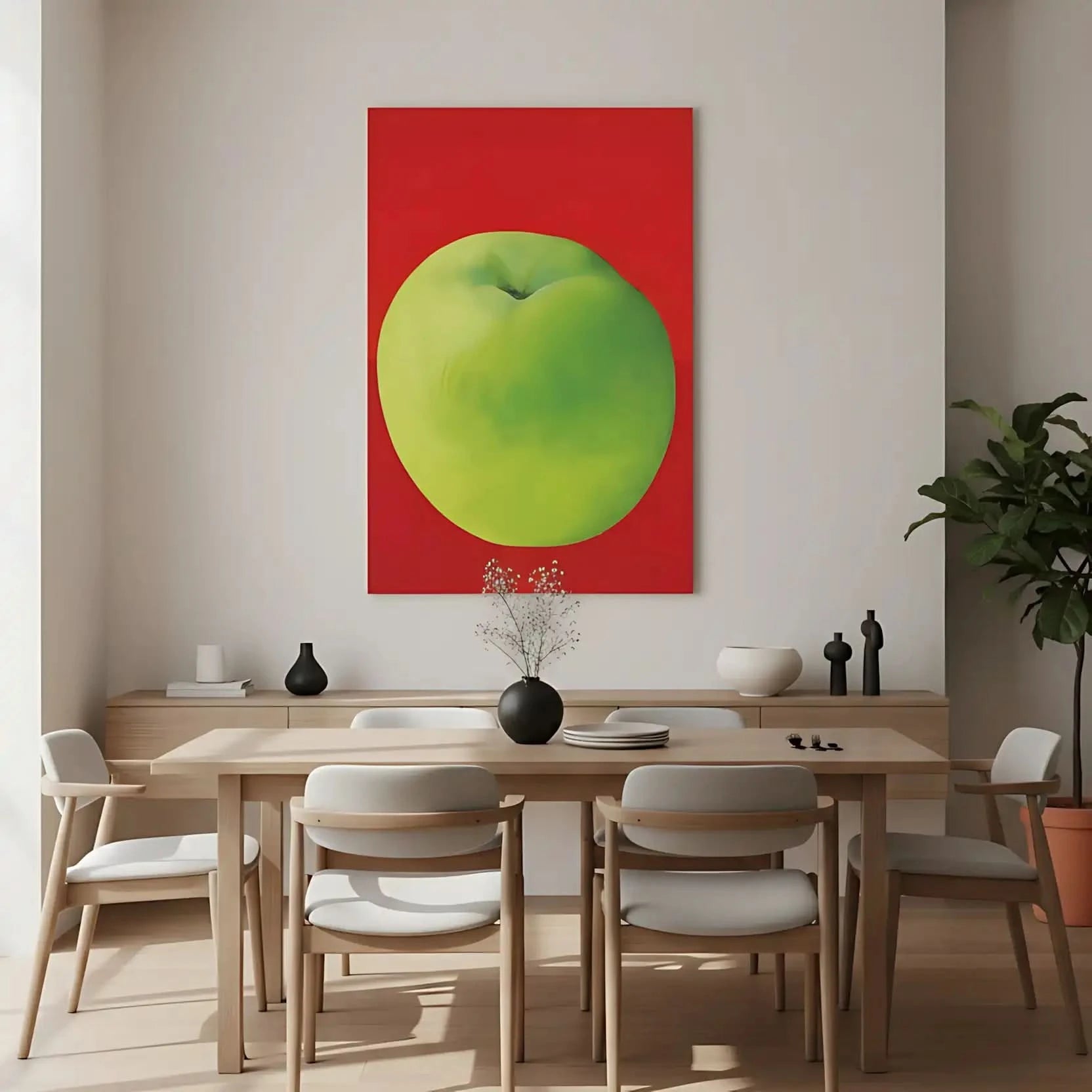 Tableau moderne avec une pomme verte vibrante sur fond rouge profond, style minimaliste, idéal pour cuisine ou salon contempo