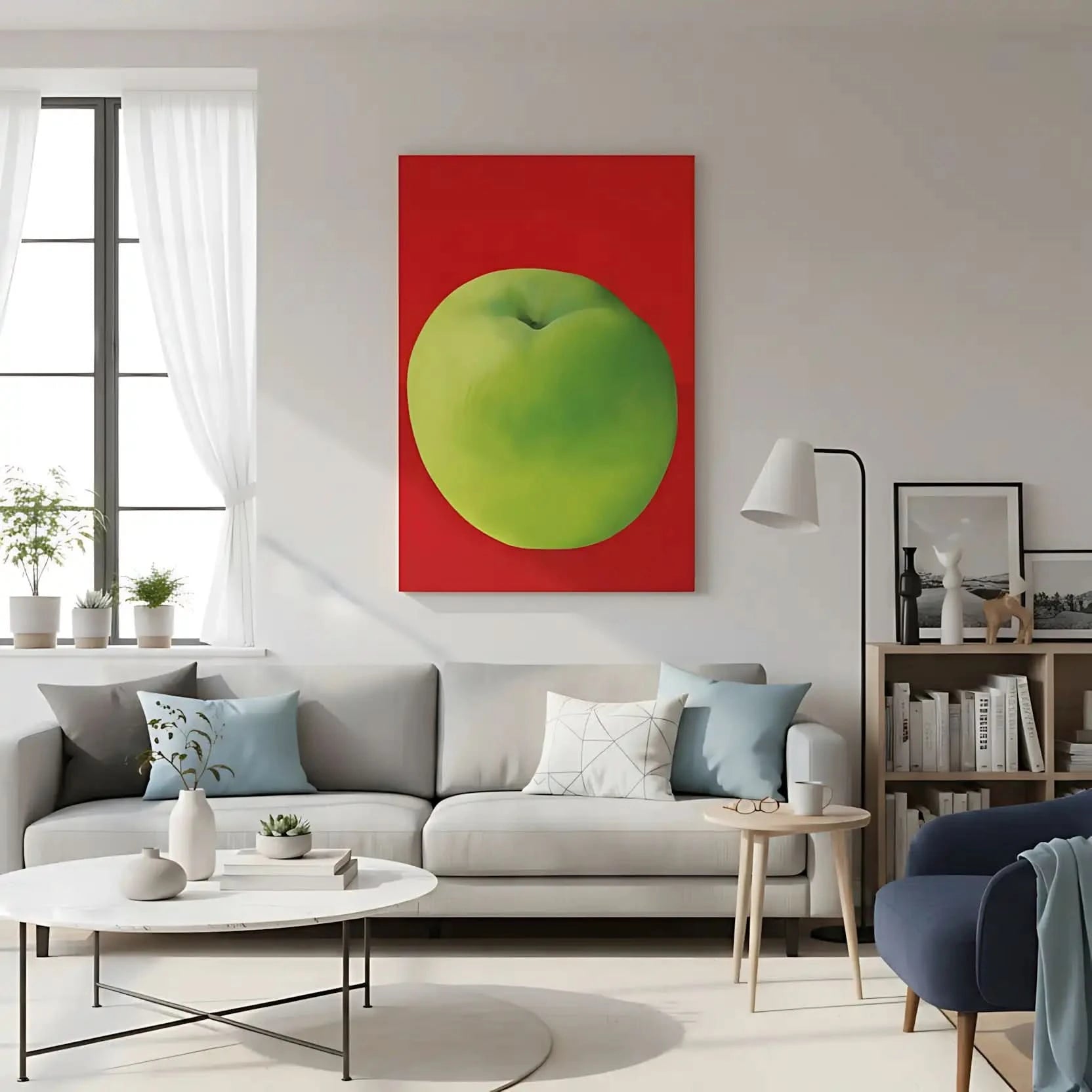 Tableau moderne avec une pomme verte vibrante sur fond rouge profond, style minimaliste, idéal pour cuisine ou salon contempo