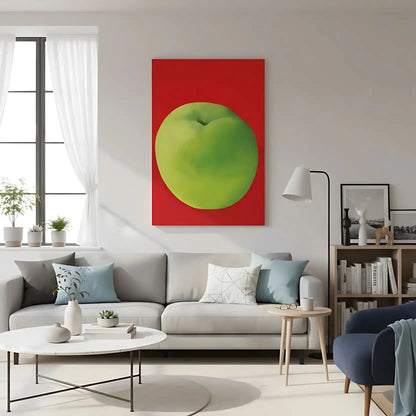 Tableau moderne avec une pomme verte vibrante sur fond rouge profond, style minimaliste, idéal pour cuisine ou salon contempo