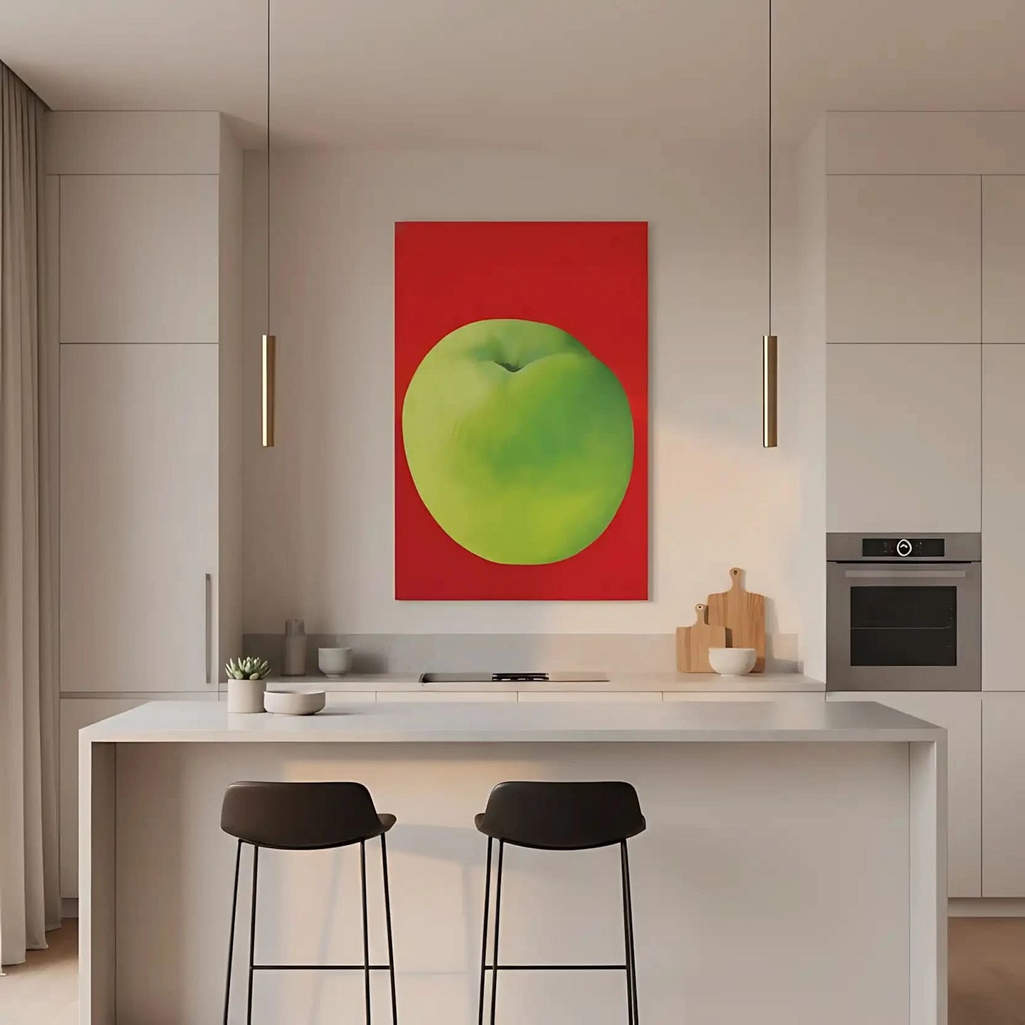 Tableau moderne avec une pomme verte vibrante sur fond rouge profond, style minimaliste, idéal pour cuisine ou salon contempo