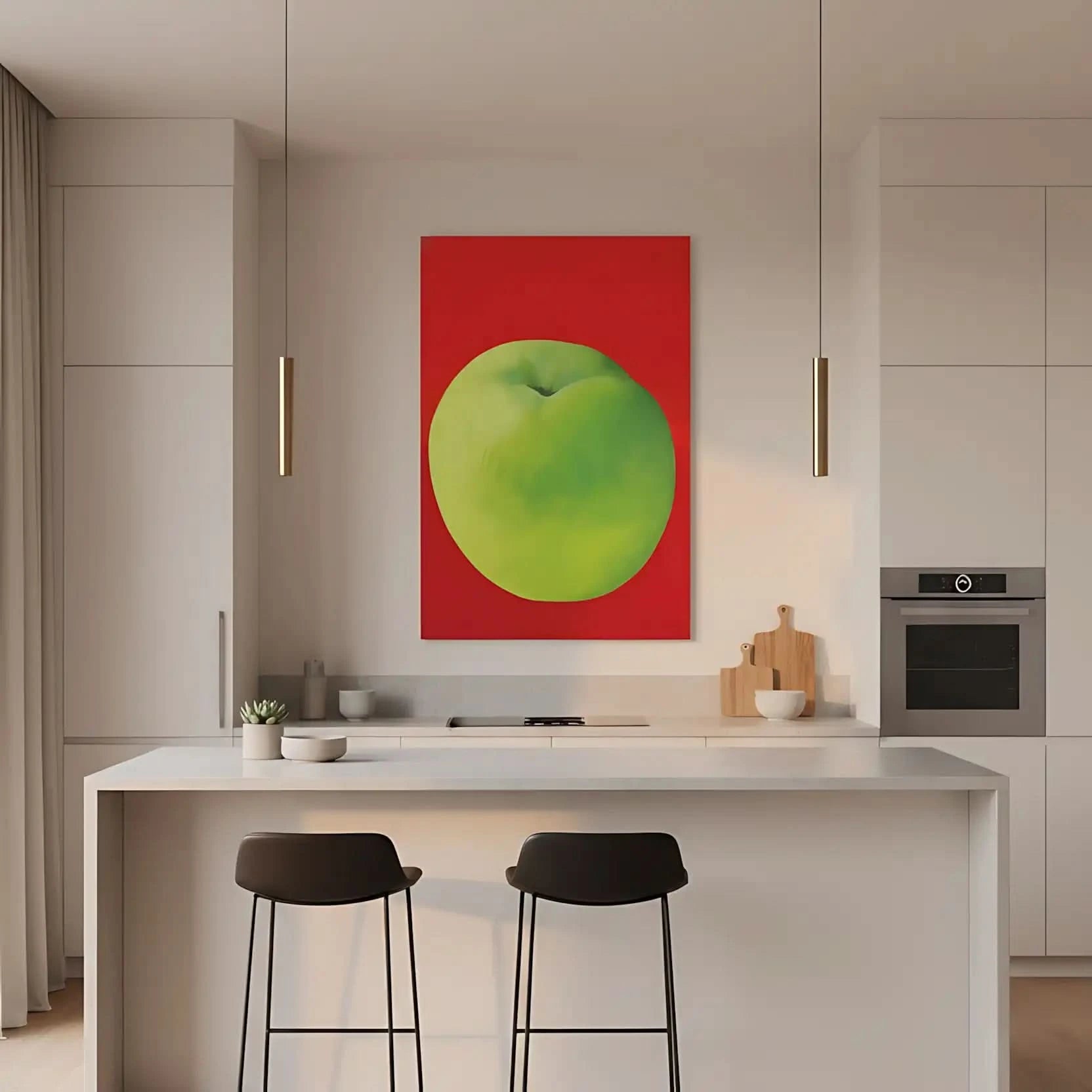 Tableau moderne avec une pomme verte vibrante sur fond rouge profond, style minimaliste, idéal pour cuisine ou salon contempo