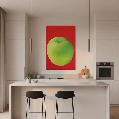 Tableau moderne avec une pomme verte vibrante sur fond rouge profond, style minimaliste, idéal pour cuisine ou salon contempo
